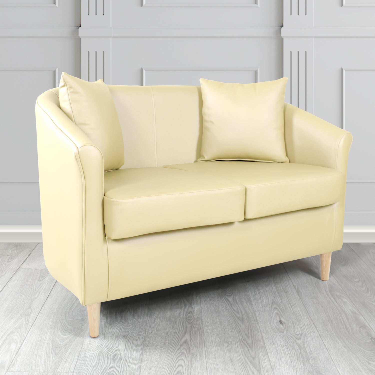 St Tropez Shelly Cream Crib 5 Genuine Leather 2 Seater Tub Sofa with Scatter Cushions - The Tub Chair Shop
