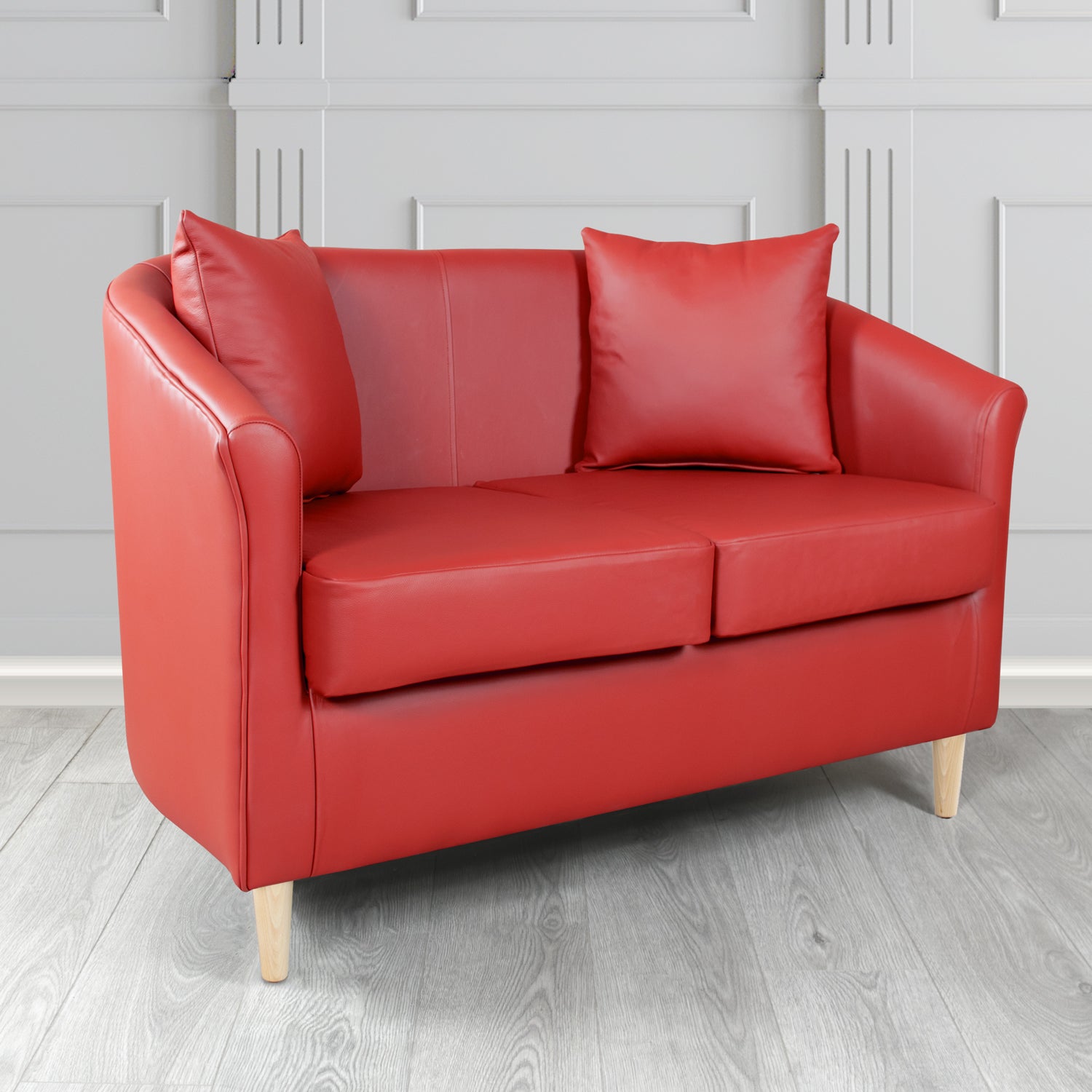 St Tropez Shelly Crimson Crib 5 Genuine Leather 2 Seater Tub Sofa with Scatter Cushions - The Tub Chair Shop