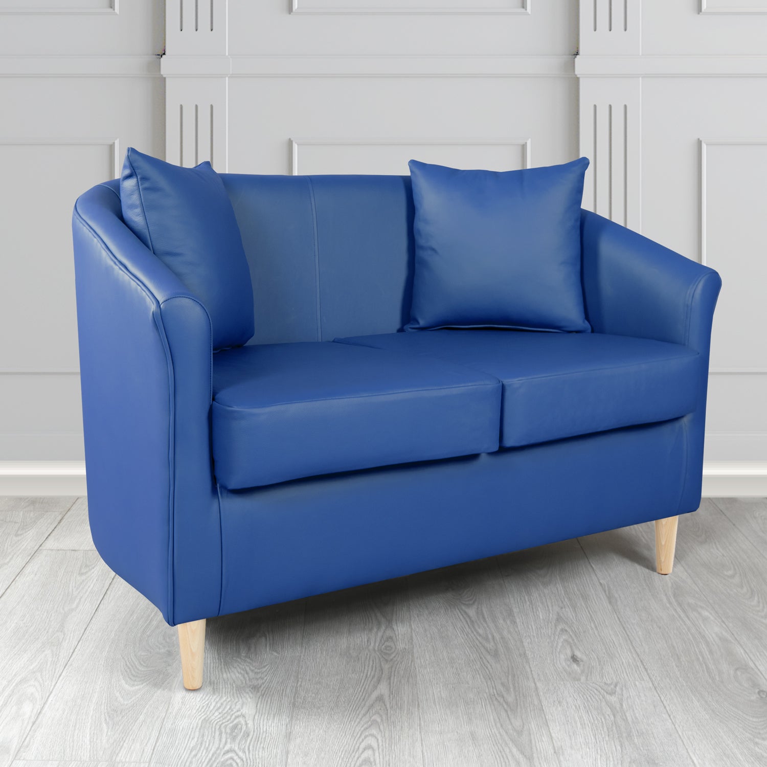 St Tropez Shelly Deep Ultramarine Crib 5 Genuine Leather 2 Seater Tub Sofa with Scatter Cushions - The Tub Chair Shop