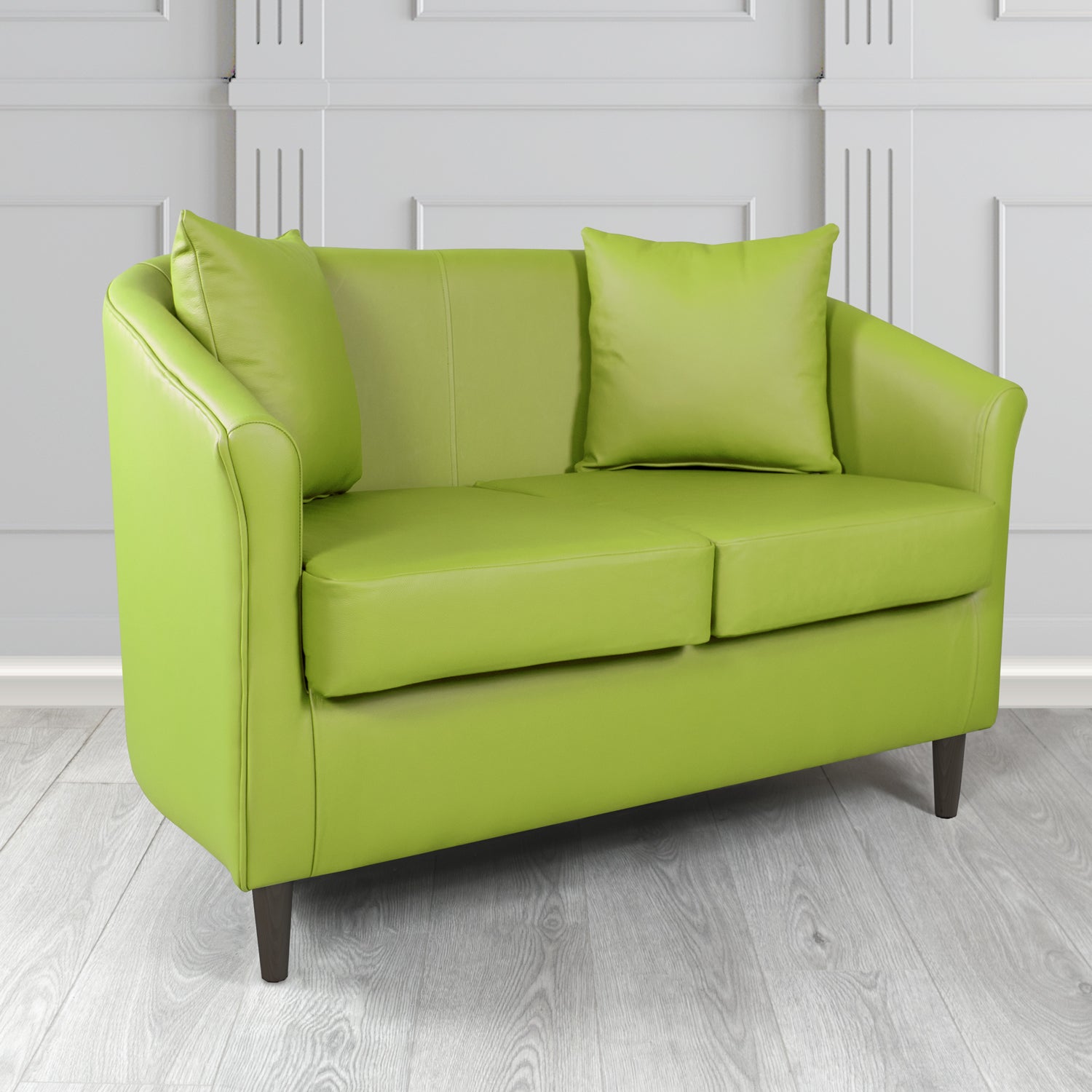St Tropez Shelly Field Green Crib 5 Genuine Leather 2 Seater Tub Sofa with Scatter Cushions - The Tub Chair Shop