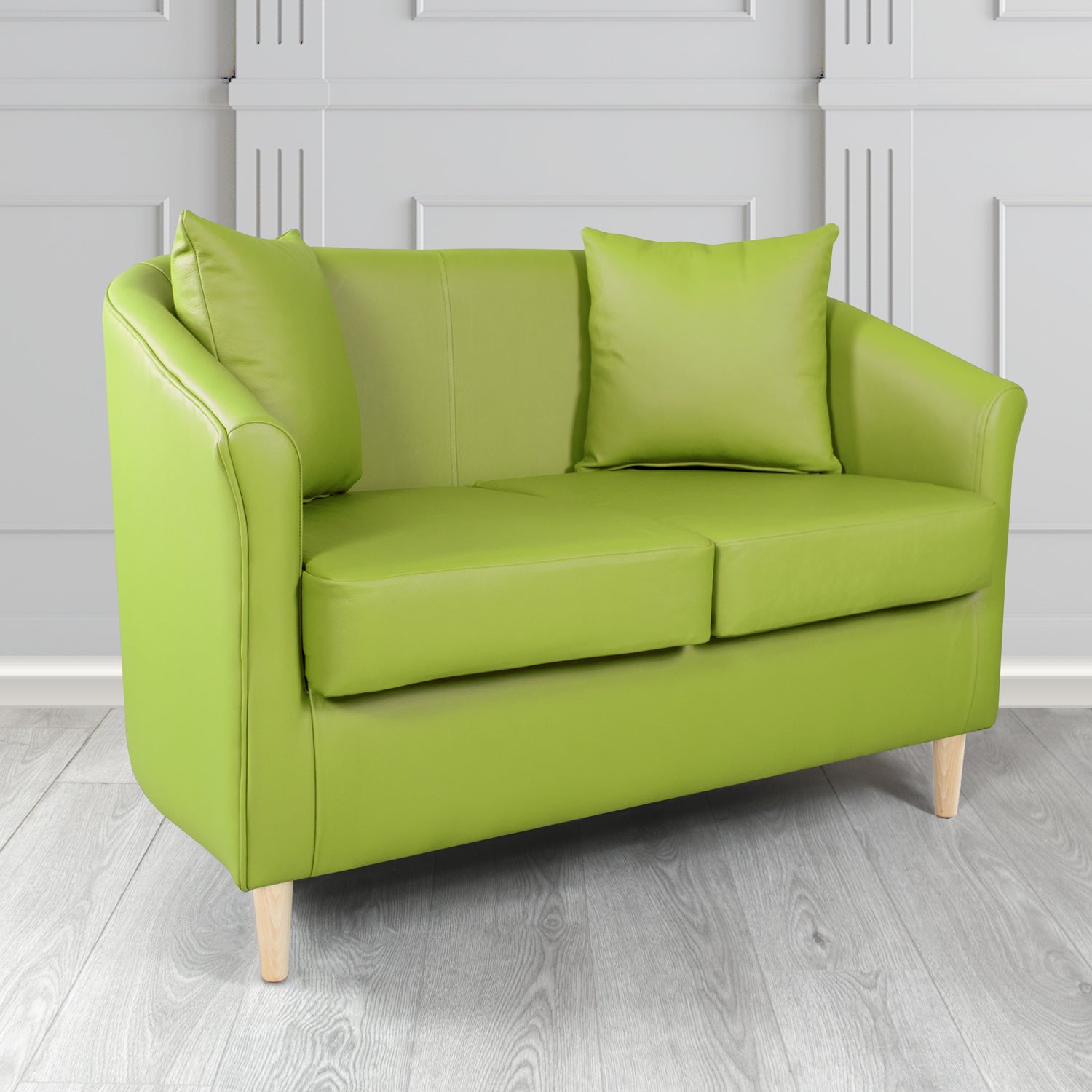 St Tropez Shelly Field Green Crib 5 Genuine Leather 2 Seater Tub Sofa with Scatter Cushions - The Tub Chair Shop