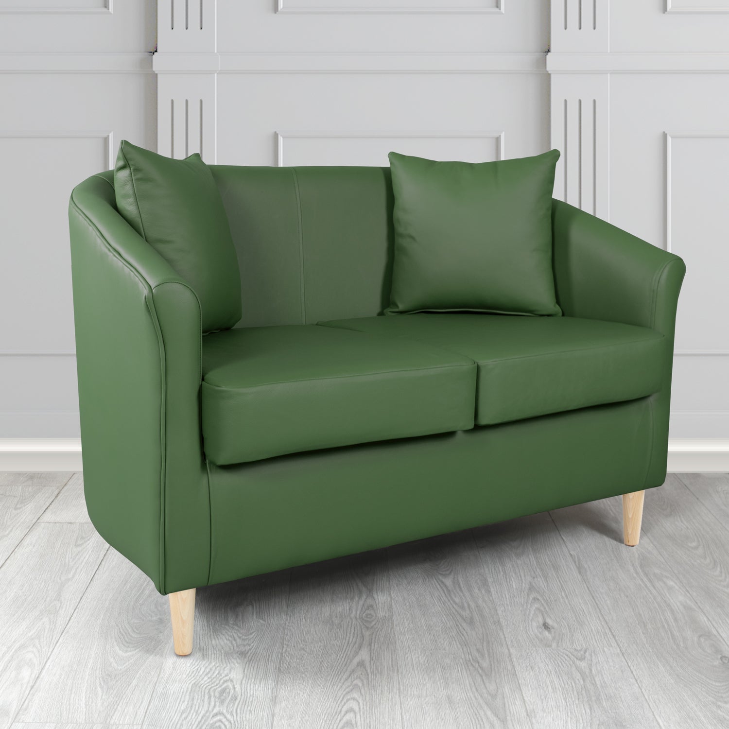 St Tropez Shelly Forest Green Crib 5 Genuine Leather 2 Seater Tub Sofa with Scatter Cushions - The Tub Chair Shop