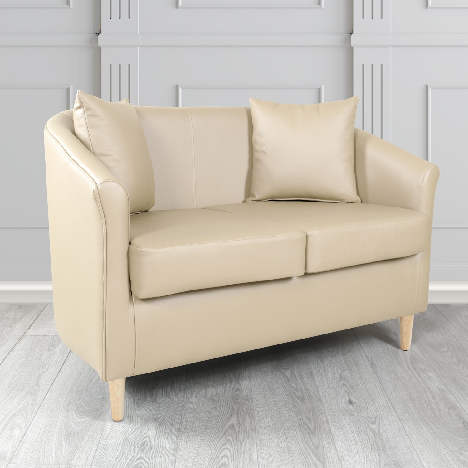 St Tropez Shelly Ivory Crib 5 Genuine Leather 2 Seater Tub Sofa with Scatter Cushions - The Tub Chair Shop