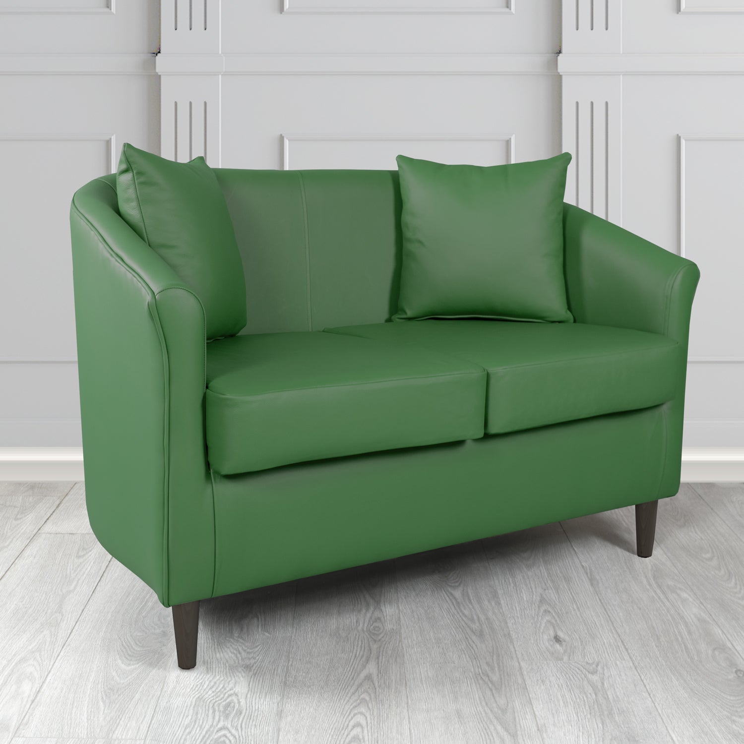 St Tropez Shelly Jade Green Crib 5 Genuine Leather 2 Seater Tub Sofa with Scatter Cushions - The Tub Chair Shop