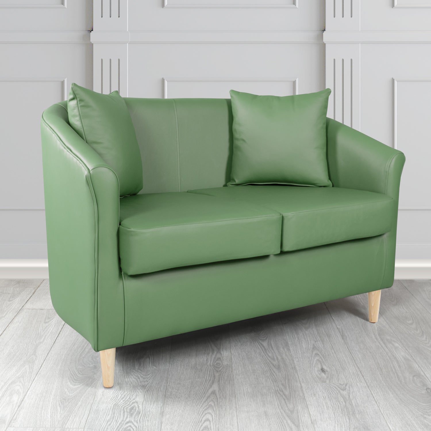 St Tropez Shelly Lichen Crib 5 Genuine Leather 2 Seater Tub Sofa with Scatter Cushions - The Tub Chair Shop