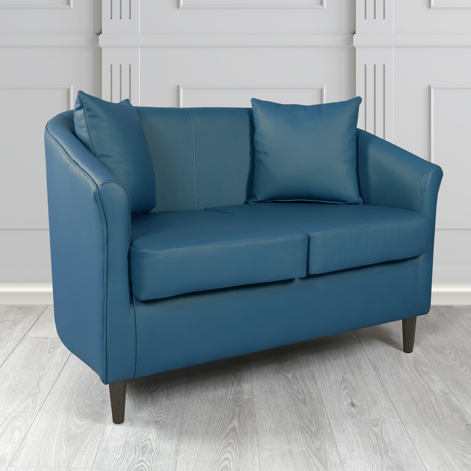 St Tropez Shelly Majollica Blue Crib 5 Genuine Leather 2 Seater Tub Sofa with Scatter Cushions - The Tub Chair Shop