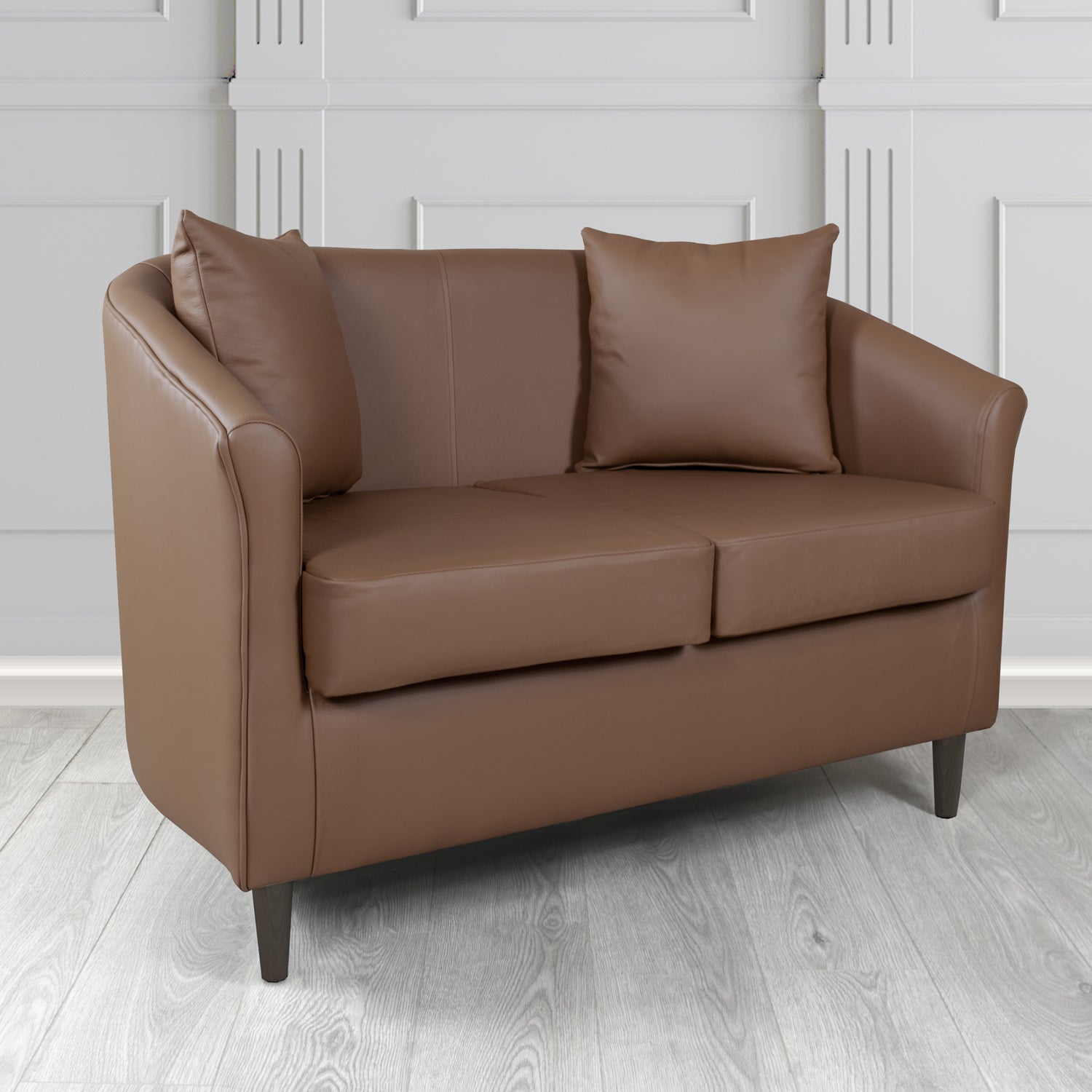 St Tropez Shelly Mocha Crib 5 Genuine Leather 2 Seater Tub Sofa with Scatter Cushions - The Tub Chair Shop