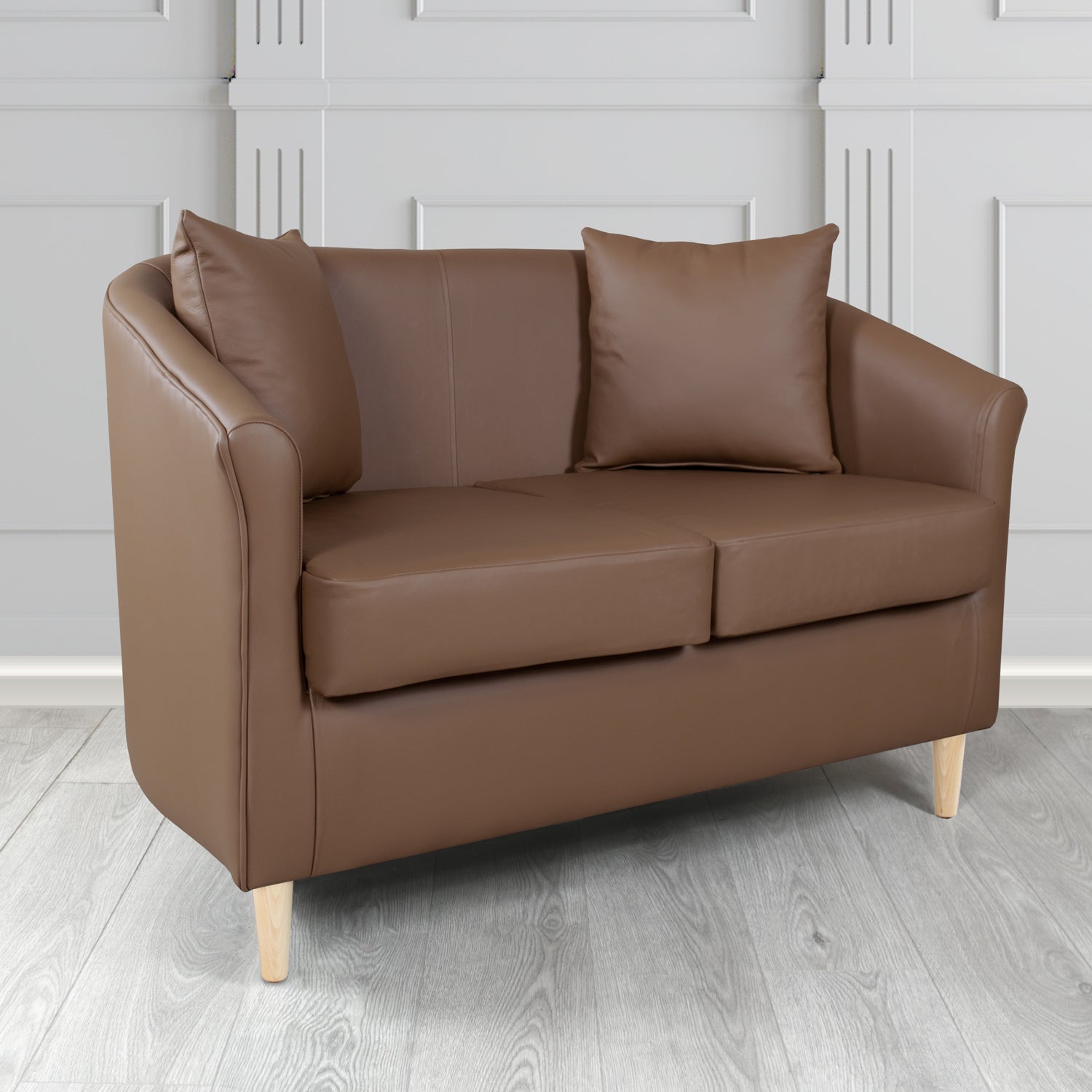 St Tropez Shelly Mocha Crib 5 Genuine Leather 2 Seater Tub Sofa with Scatter Cushions - The Tub Chair Shop
