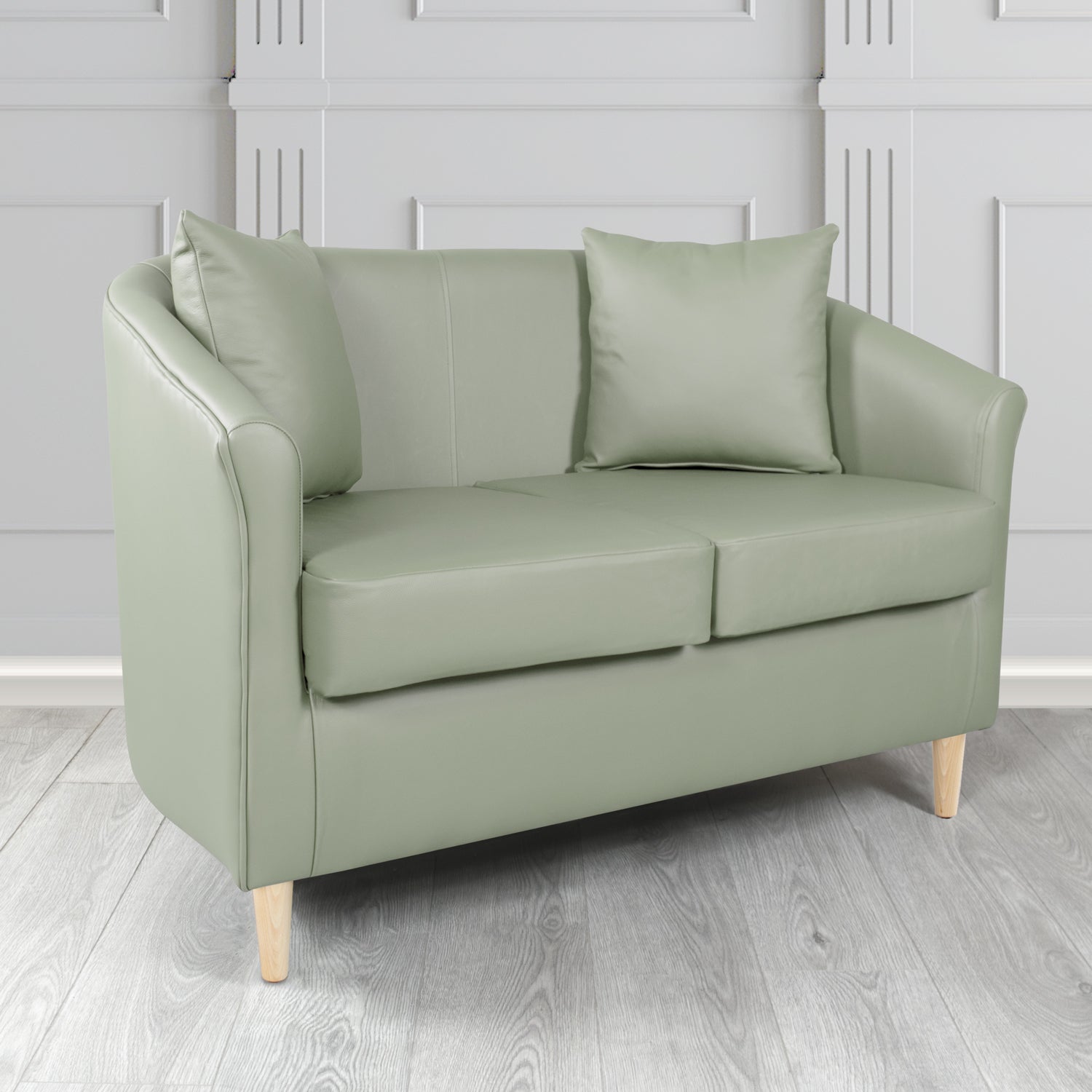 St Tropez Shelly Moon Mist Crib 5 Genuine Leather 2 Seater Tub Sofa with Scatter Cushions - The Tub Chair Shop