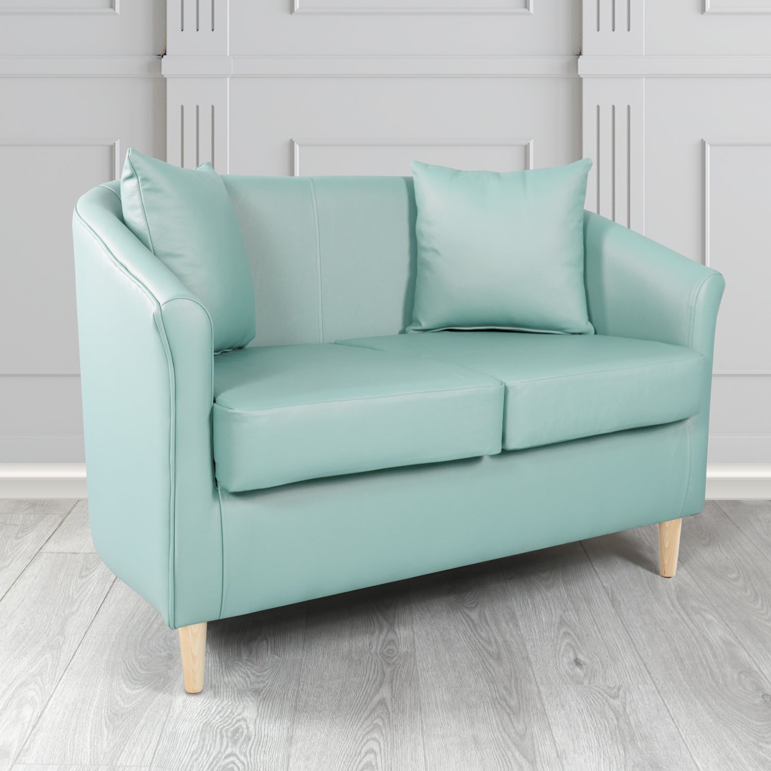 St Tropez Shelly Parlour Blue Crib 5 Genuine Leather 2 Seater Tub Sofa with Scatter Cushions - The Tub Chair Shop
