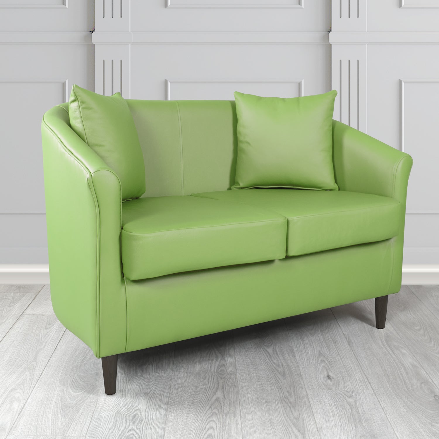 St Tropez Shelly Pea Green Crib 5 Genuine Leather 2 Seater Tub Sofa with Scatter Cushions - The Tub Chair Shop