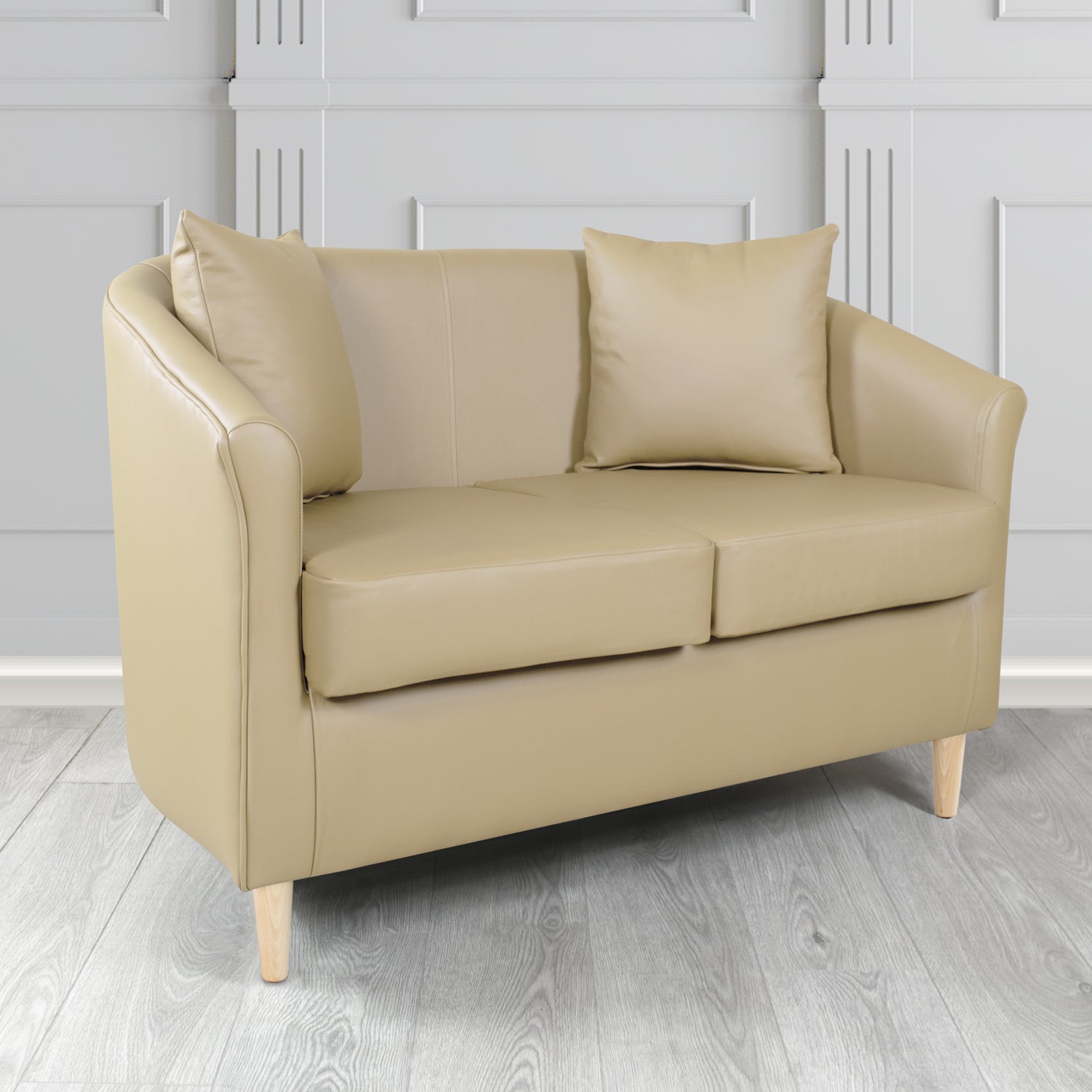 St Tropez Shelly Pebble Crib 5 Genuine Leather 2 Seater Tub Sofa with Scatter Cushions - The Tub Chair Shop