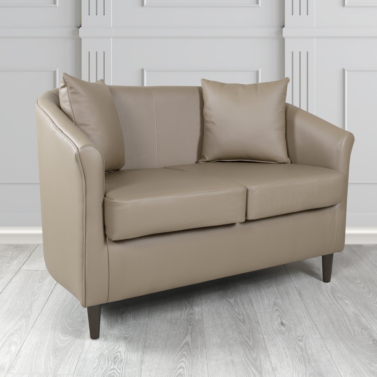 St Tropez Shelly Silver Birch Crib 5 Genuine Leather 2 Seater Tub Sofa with Scatter Cushions - The Tub Chair Shop