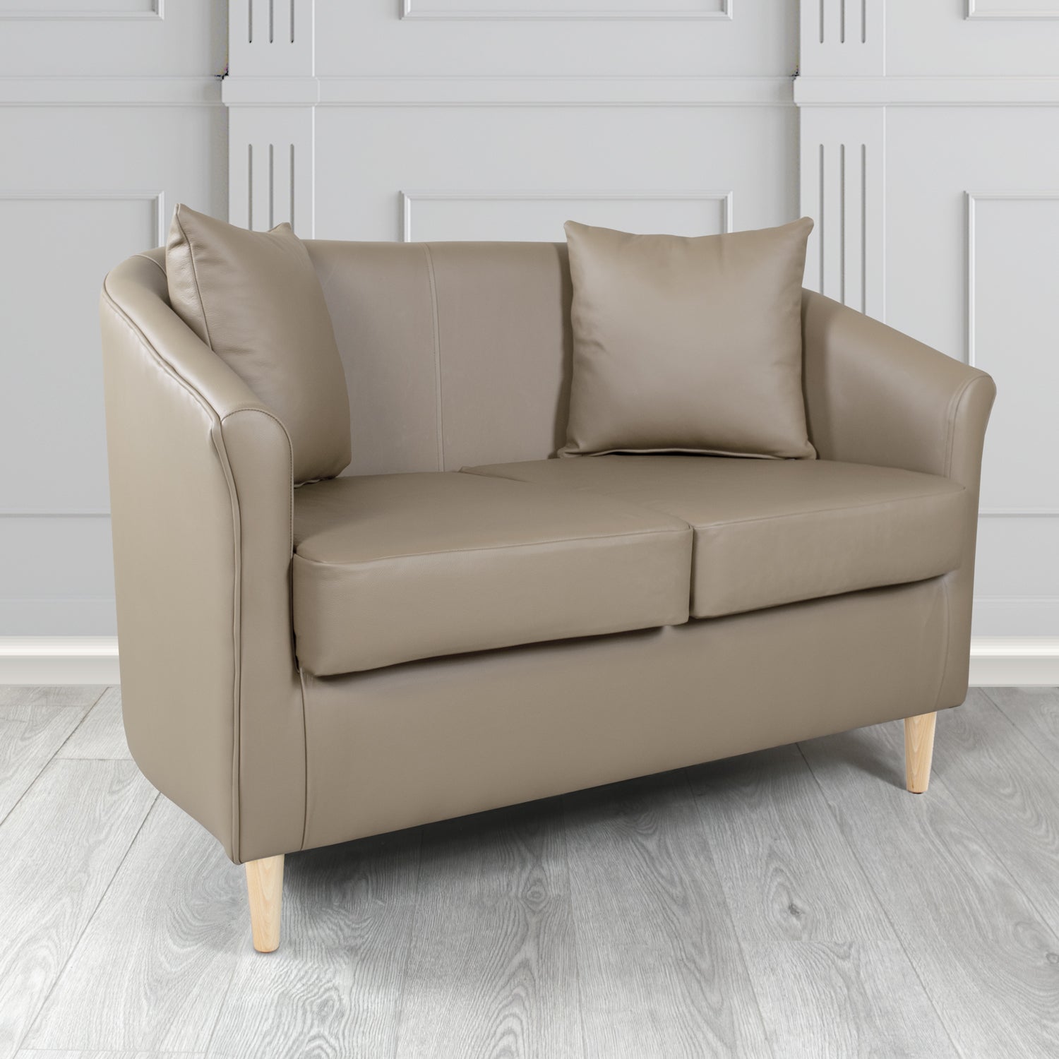 St Tropez Shelly Silver Birch Crib 5 Genuine Leather 2 Seater Tub Sofa with Scatter Cushions - The Tub Chair Shop