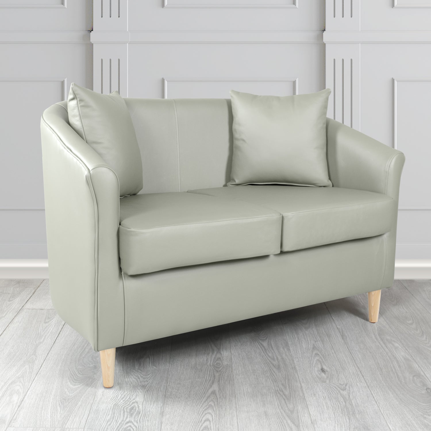 St Tropez Shelly Silver Grey Crib 5 Genuine Leather 2 Seater Tub Sofa with Scatter Cushions - The Tub Chair Shop