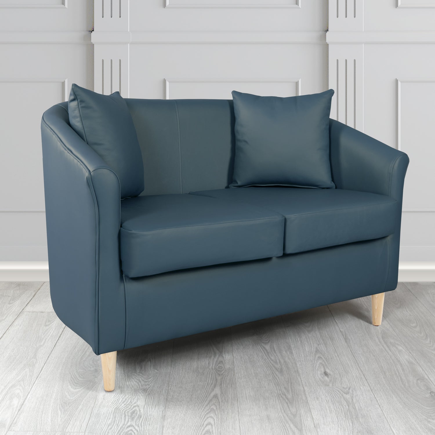 St Tropez Shelly Suffolk Blue Crib 5 Genuine Leather 2 Seater Tub Sofa with Scatter Cushions - The Tub Chair Shop