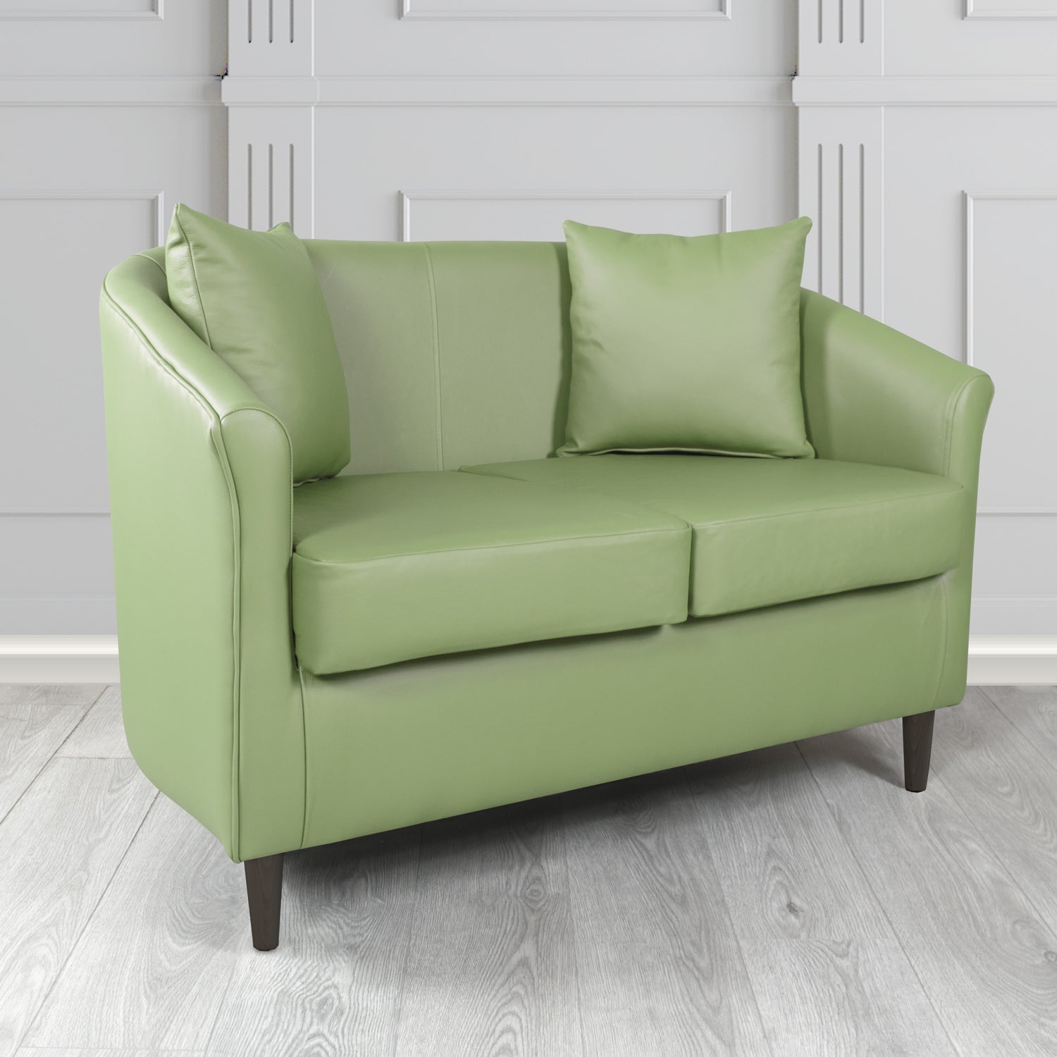 St Tropez Shelly Thyme Green Crib 5 Genuine Leather 2 Seater Tub Sofa with Scatter Cushions - The Tub Chair Shop