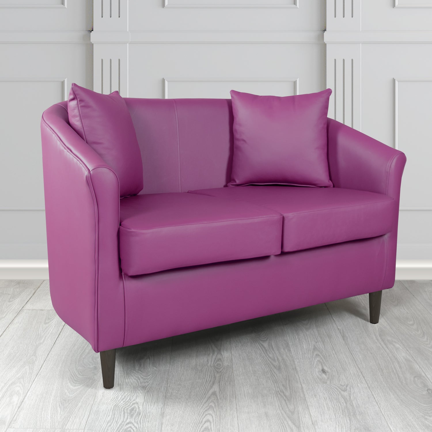 St Tropez Shelly Wineberry Crib 5 Genuine Leather 2 Seater Tub Sofa with Scatter Cushions - The Tub Chair Shop
