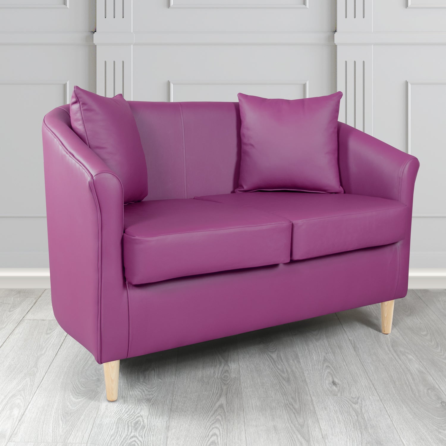St Tropez Shelly Wineberry Crib 5 Genuine Leather 2 Seater Tub Sofa with Scatter Cushions - The Tub Chair Shop