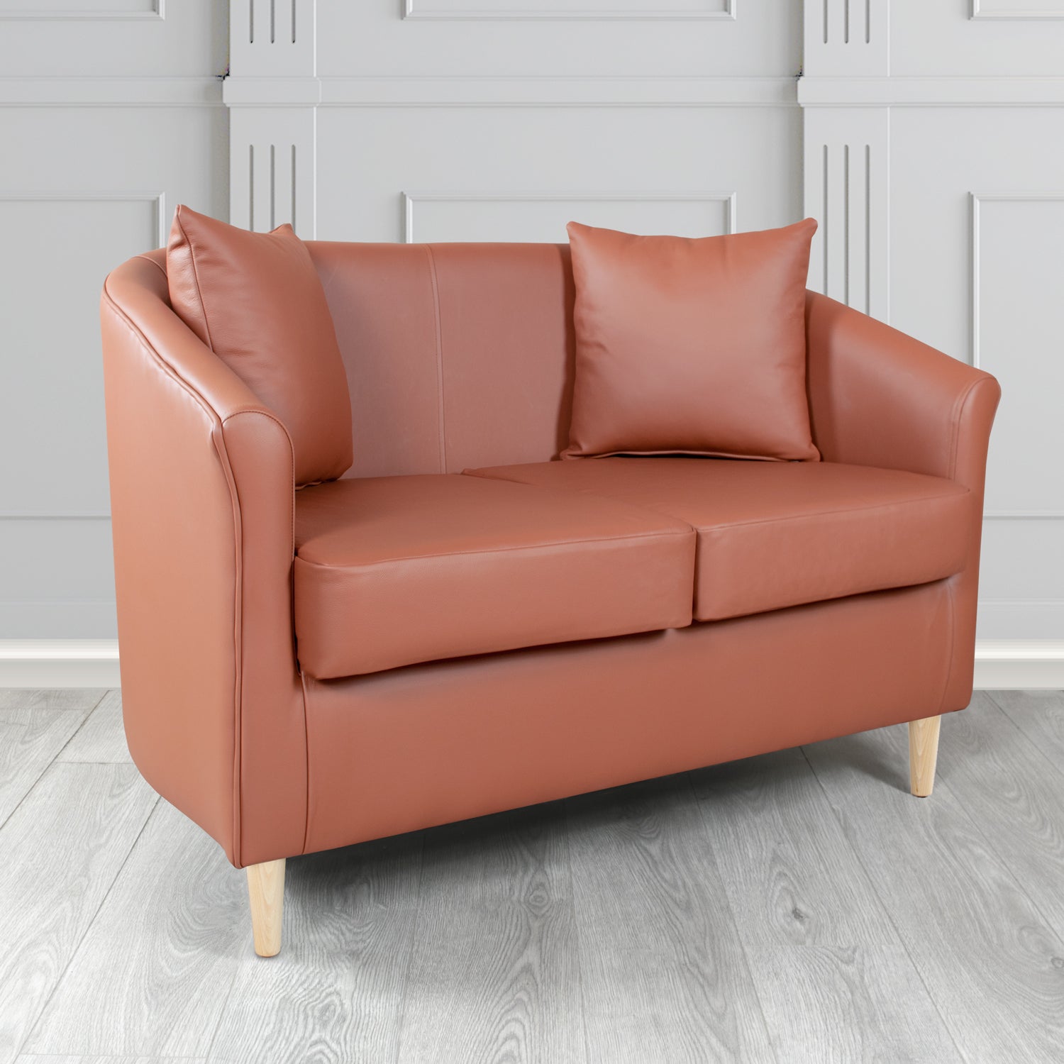 St Tropez Shelly Wood Burner Crib 5 Genuine Leather 2 Seater Tub Sofa with Scatter Cushions - The Tub Chair Shop