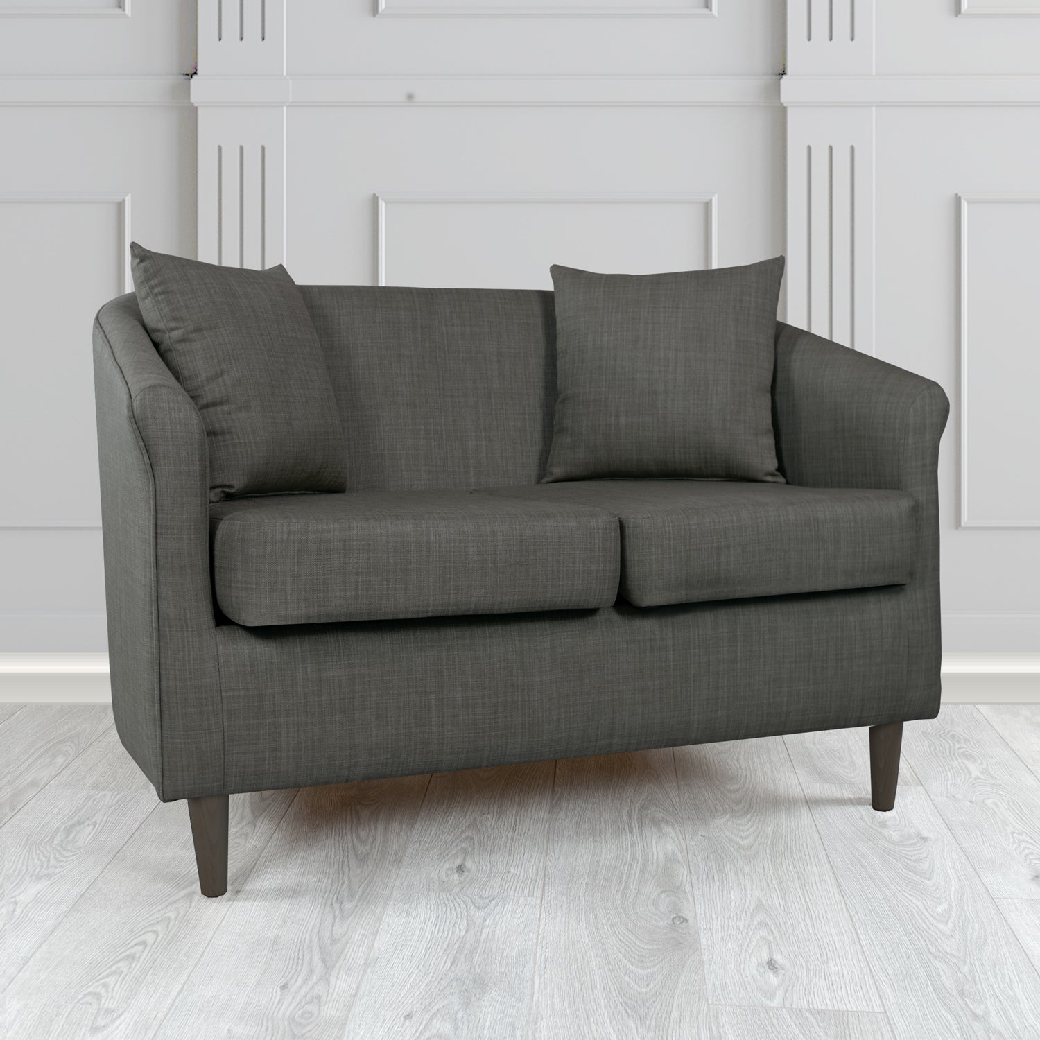 St Tropez Charles Charcoal Plain Linen Fabric 2 Seater Tub Sofa with Scatter Cushions - The Tub Chair Shop