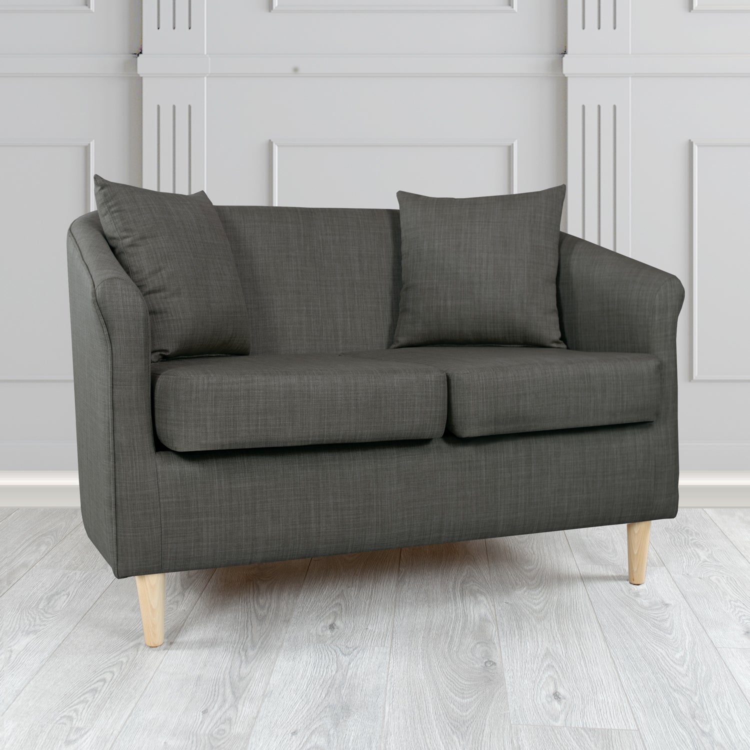 St Tropez Charles Charcoal Plain Linen Fabric 2 Seater Tub Sofa with Scatter Cushions - The Tub Chair Shop