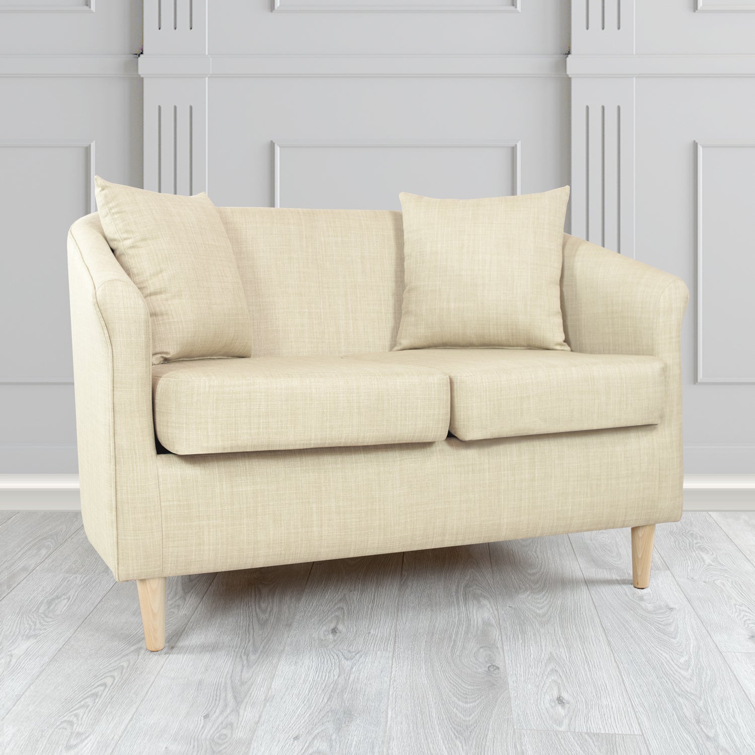 St Tropez Charles Cream Plain Linen Fabric 2 Seater Tub Sofa with Scatter Cushions - The Tub Chair Shop