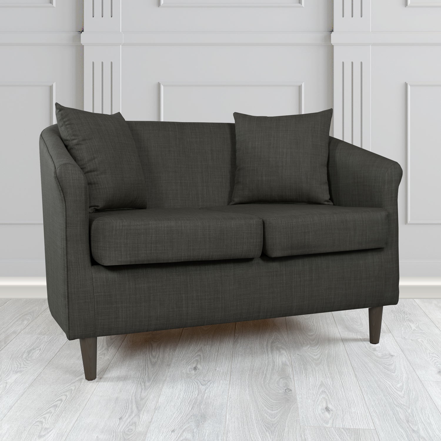 St Tropez Charles Ebony Plain Linen Fabric 2 Seater Tub Sofa with Scatter Cushions - The Tub Chair Shop