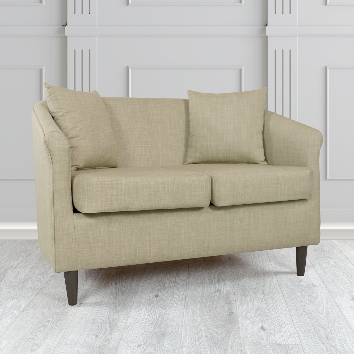 St Tropez Charles Fudge Plain Linen Fabric 2 Seater Tub Sofa with Scatter Cushions - The Tub Chair Shop