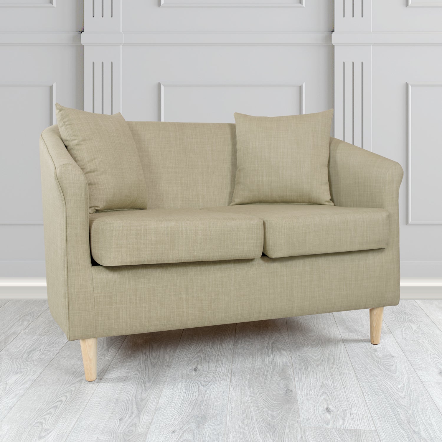 St Tropez Charles Fudge Plain Linen Fabric 2 Seater Tub Sofa with Scatter Cushions - The Tub Chair Shop