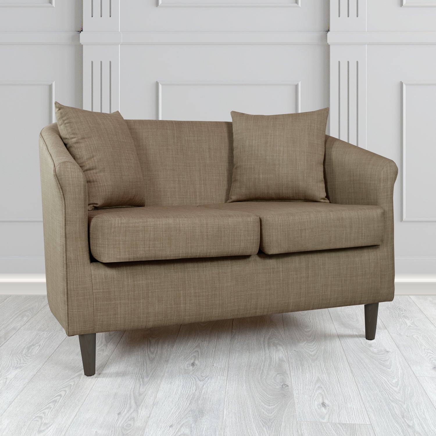 St Tropez Charles Nutmeg Plain Linen Fabric 2 Seater Tub Sofa with Scatter Cushions - The Tub Chair Shop