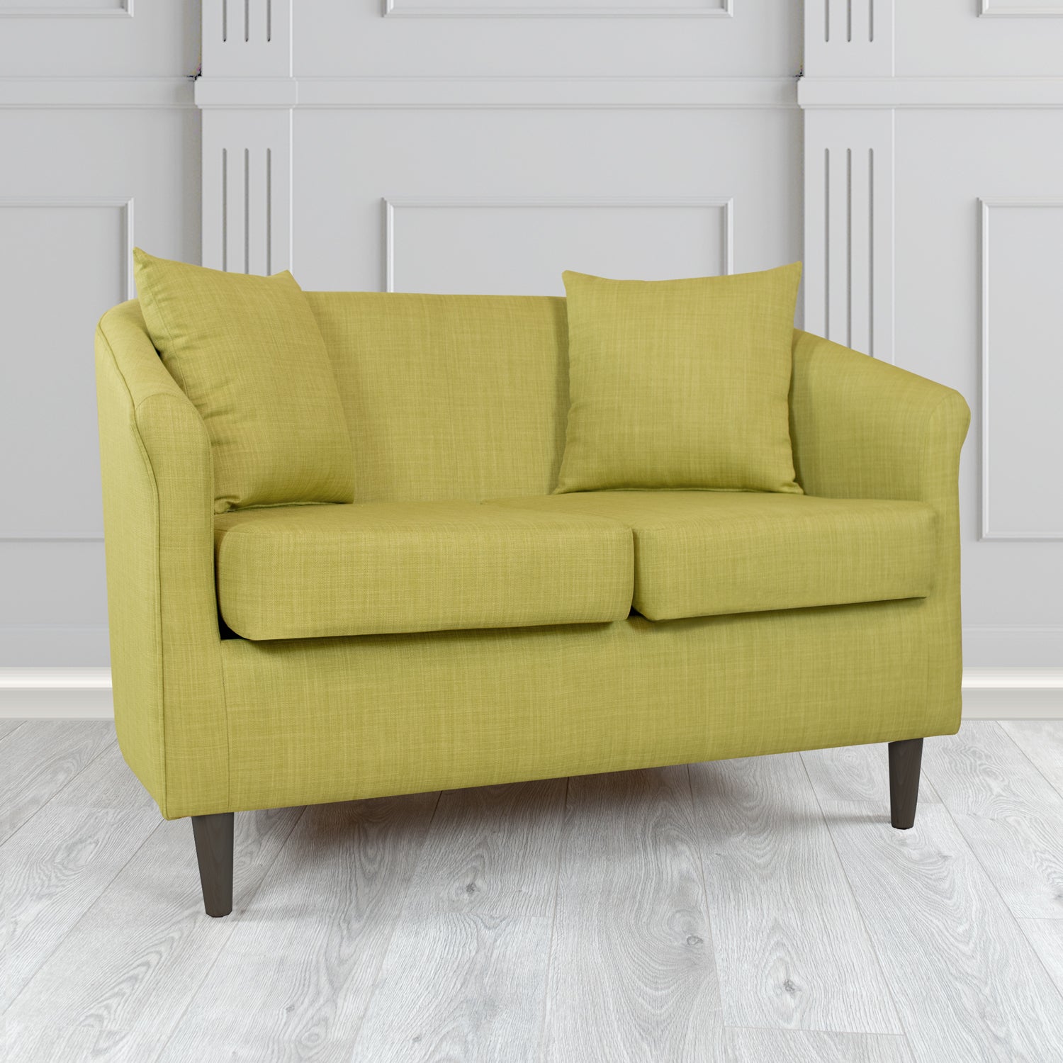 St Tropez Charles Olive Plain Linen Fabric 2 Seater Tub Sofa with Scatter Cushions - The Tub Chair Shop