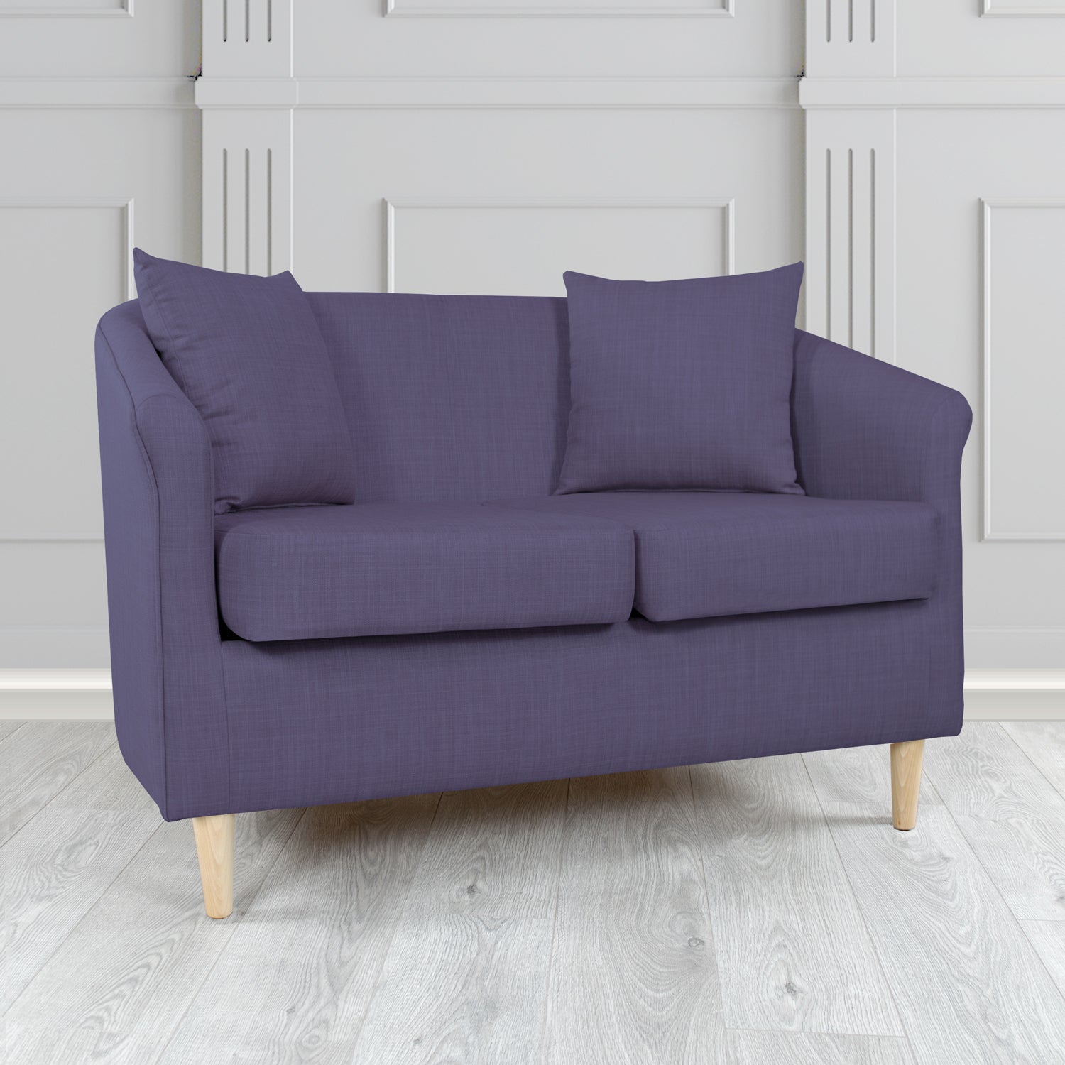St Tropez Charles Purple Plain Linen Fabric 2 Seater Tub Sofa with Scatter Cushions - The Tub Chair Shop