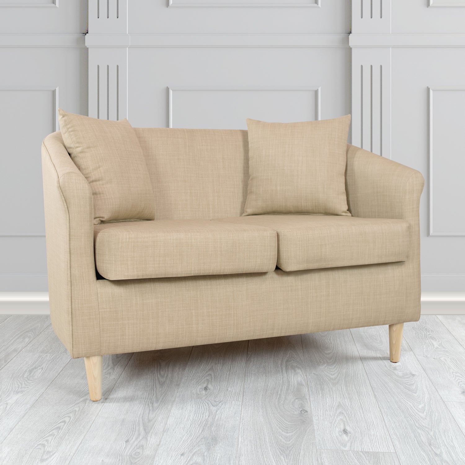 St Tropez Charles Sand Plain Linen Fabric 2 Seater Tub Sofa with Scatter Cushions - The Tub Chair Shop