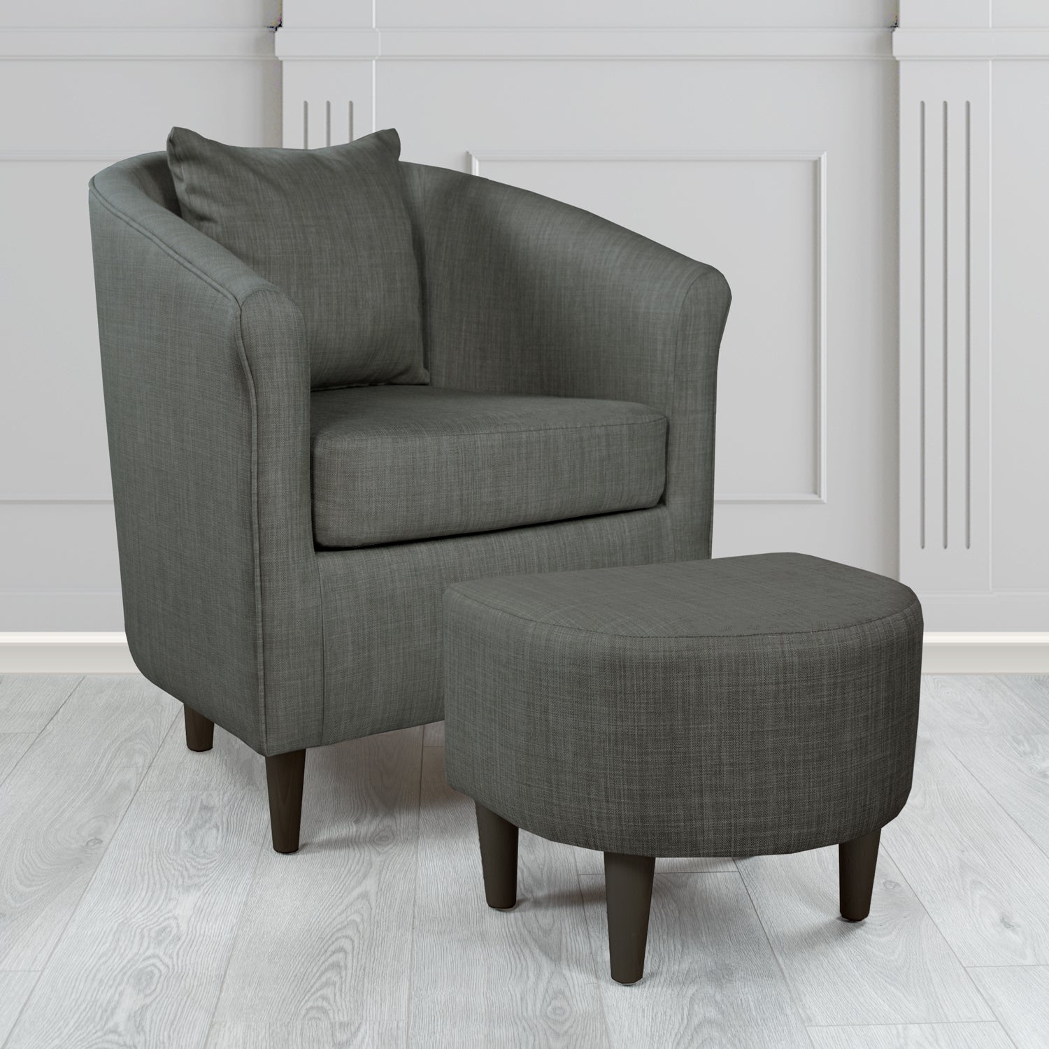 St Tropez Charles Charcoal Plain Linen Fabric Tub Chair & Footstool Set with Scatter Cushion - The Tub Chair Shop