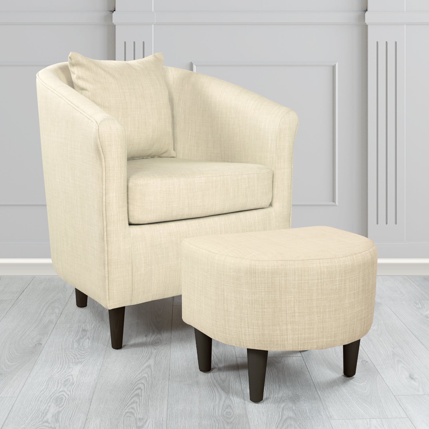 St Tropez Charles Cream Plain Linen Fabric Tub Chair & Footstool Set with Scatter Cushion - The Tub Chair Shop