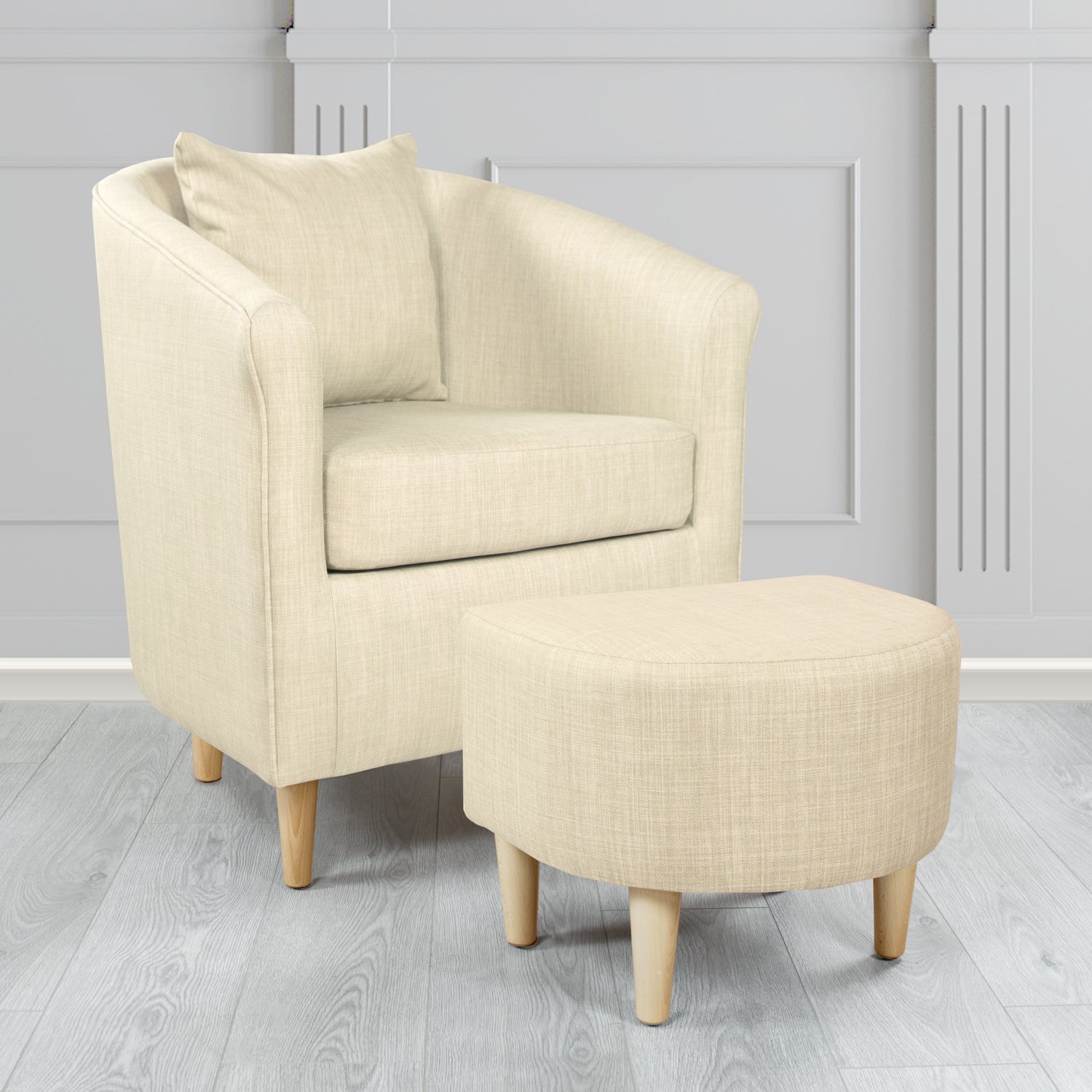 St Tropez Charles Cream Plain Linen Fabric Tub Chair & Footstool Set with Scatter Cushion - The Tub Chair Shop