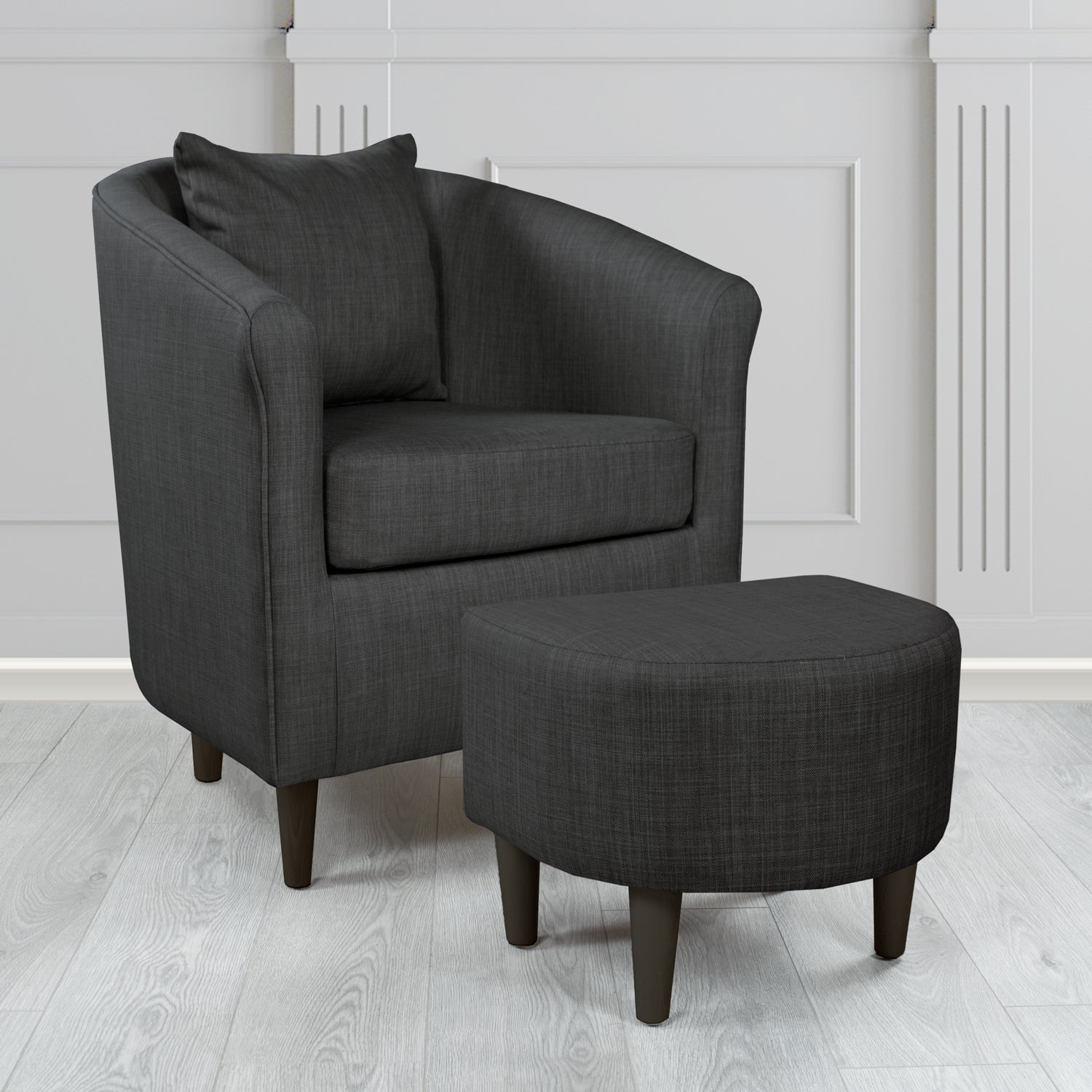 St Tropez Charles Ebony Plain Linen Fabric Tub Chair & Footstool Set with Scatter Cushion - The Tub Chair Shop