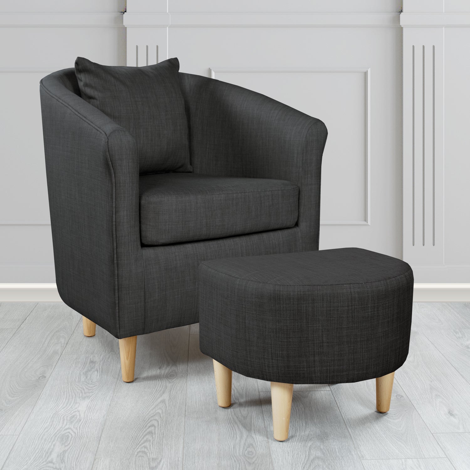 St Tropez Charles Ebony Plain Linen Fabric Tub Chair & Footstool Set with Scatter Cushion - The Tub Chair Shop