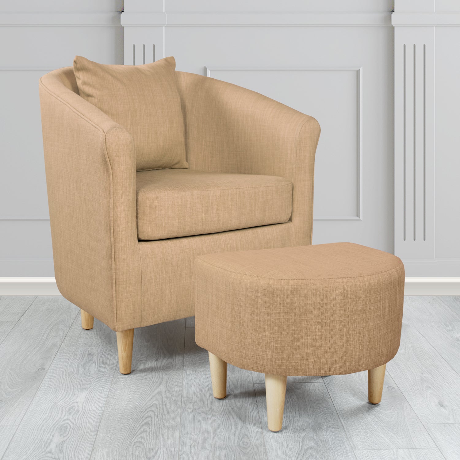 St Tropez Charles Honey Plain Linen Fabric Tub Chair & Footstool Set with Scatter Cushion - The Tub Chair Shop