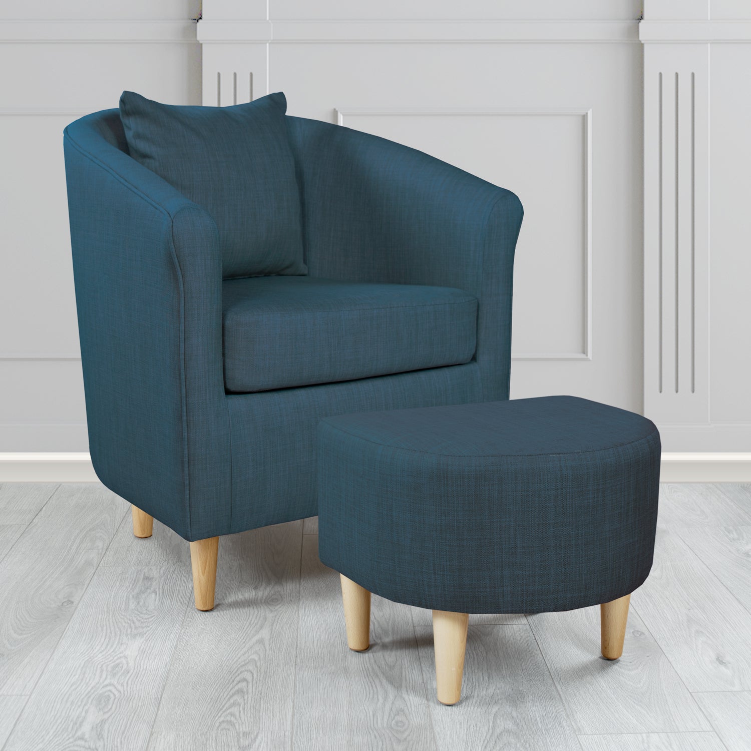 St Tropez Charles Midnight Plain Linen Fabric Tub Chair & Footstool Set with Scatter Cushion - The Tub Chair Shop