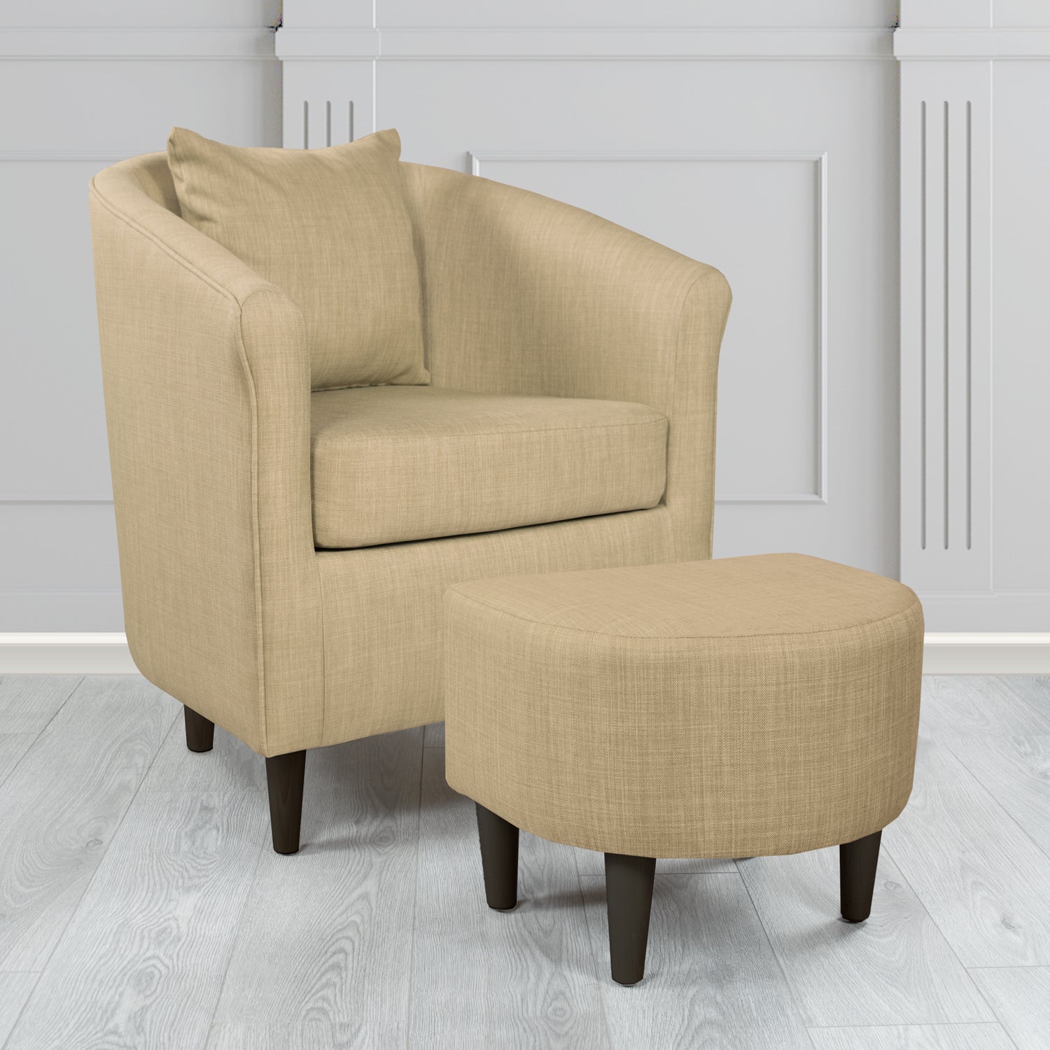 St Tropez Charles Mink Plain Linen Fabric Tub Chair & Footstool Set with Scatter Cushion - The Tub Chair Shop