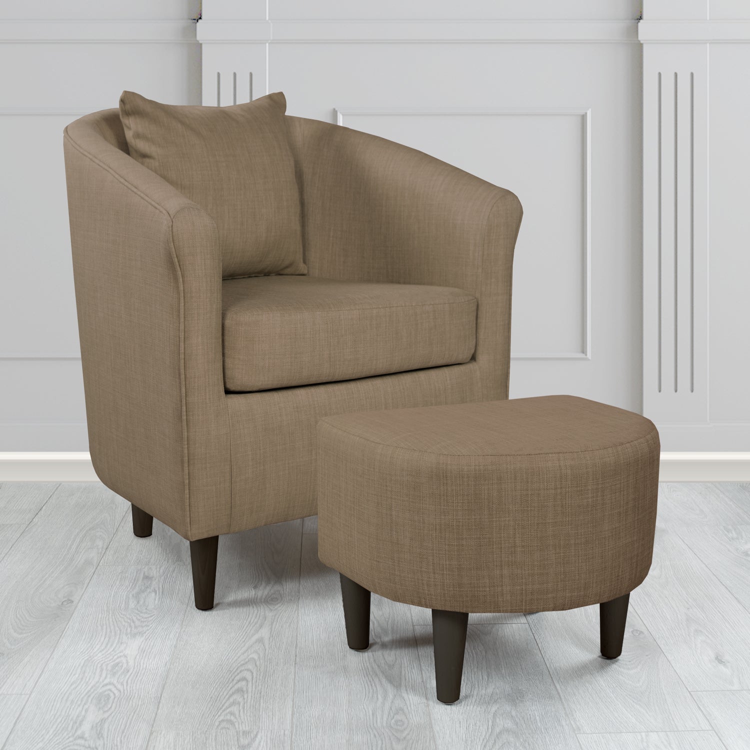 St Tropez Charles Nutmeg Plain Linen Fabric Tub Chair & Footstool Set with Scatter Cushion - The Tub Chair Shop