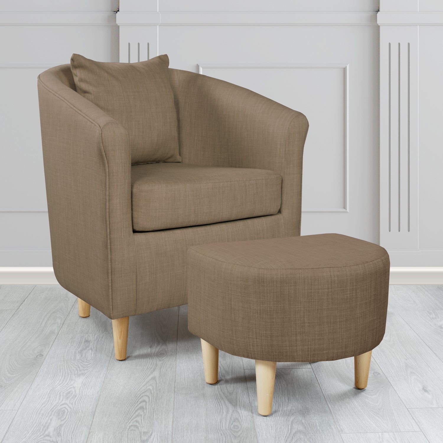 St Tropez Charles Nutmeg Plain Linen Fabric Tub Chair & Footstool Set with Scatter Cushion - The Tub Chair Shop