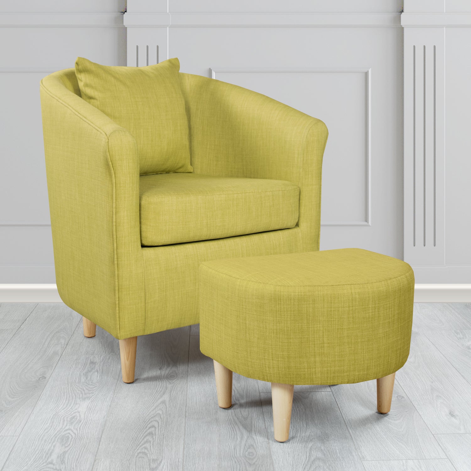 St Tropez Charles Olive Plain Linen Fabric Tub Chair & Footstool Set with Scatter Cushion - The Tub Chair Shop