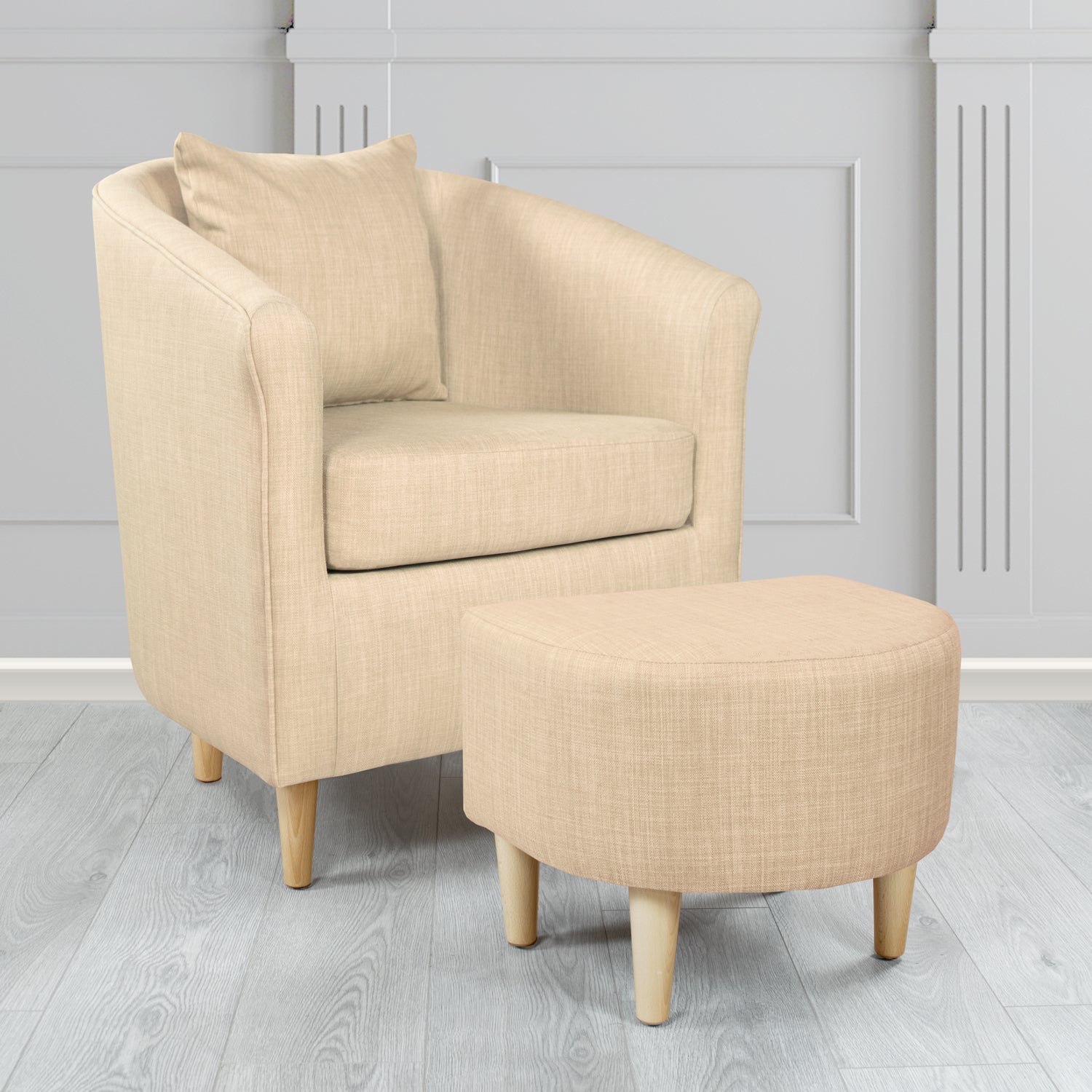 St Tropez Charles Pearl Plain Linen Fabric Tub Chair & Footstool Set with Scatter Cushion - The Tub Chair Shop