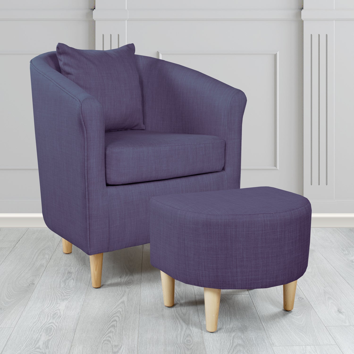 St Tropez Charles Purple Plain Linen Fabric Tub Chair & Footstool Set with Scatter Cushion - The Tub Chair Shop