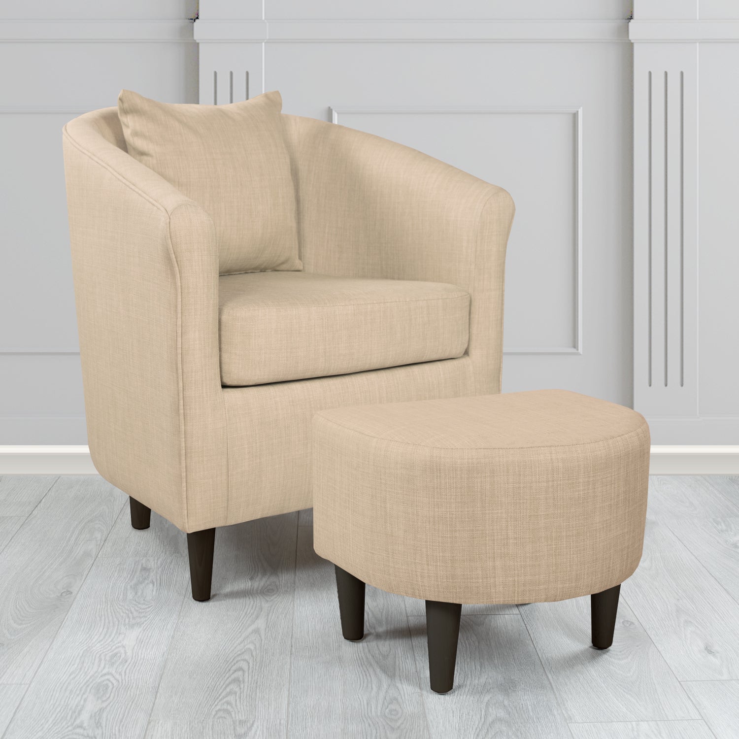 St Tropez Charles Sand Plain Linen Fabric Tub Chair & Footstool Set with Scatter Cushion - The Tub Chair Shop