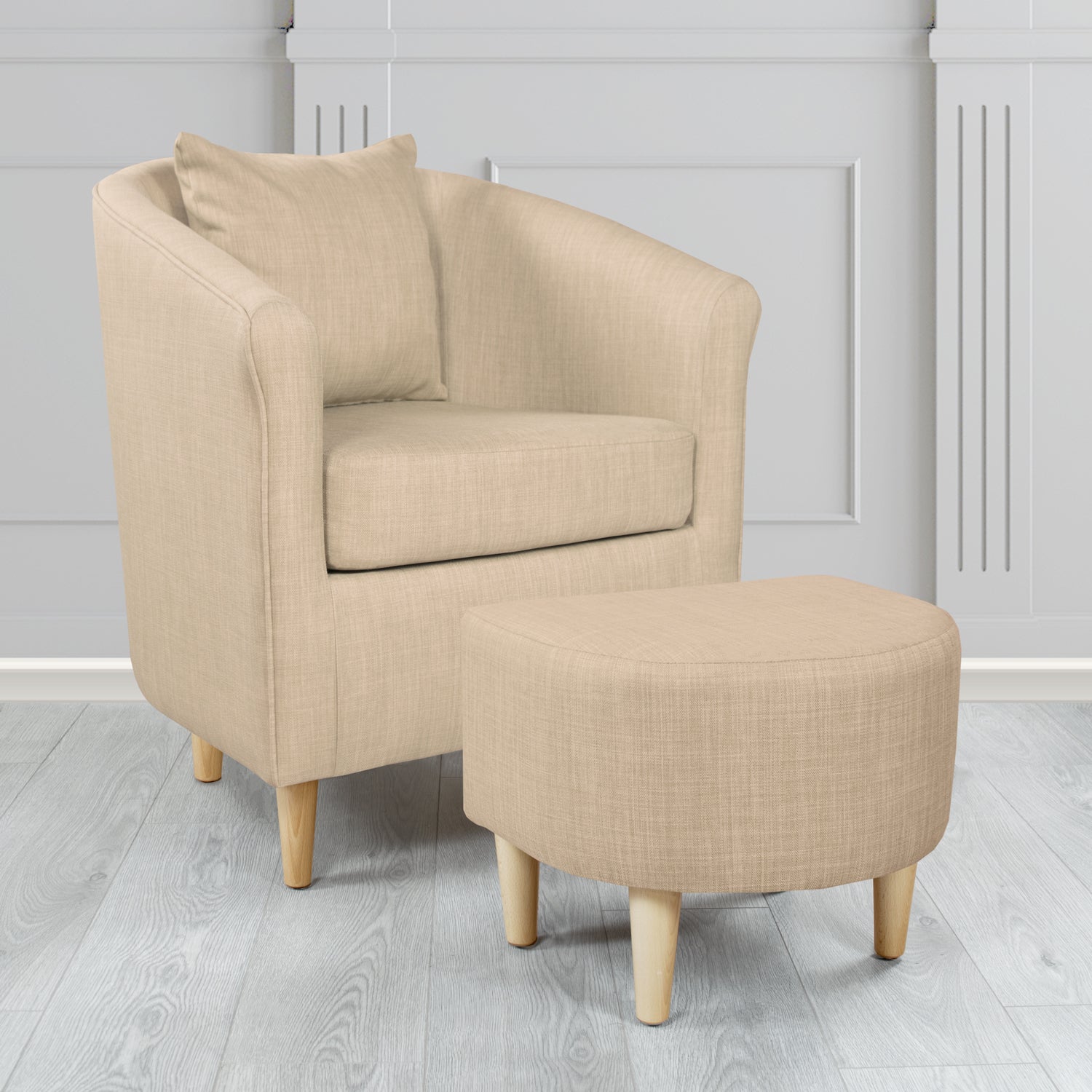 St Tropez Charles Sand Plain Linen Fabric Tub Chair & Footstool Set with Scatter Cushion - The Tub Chair Shop