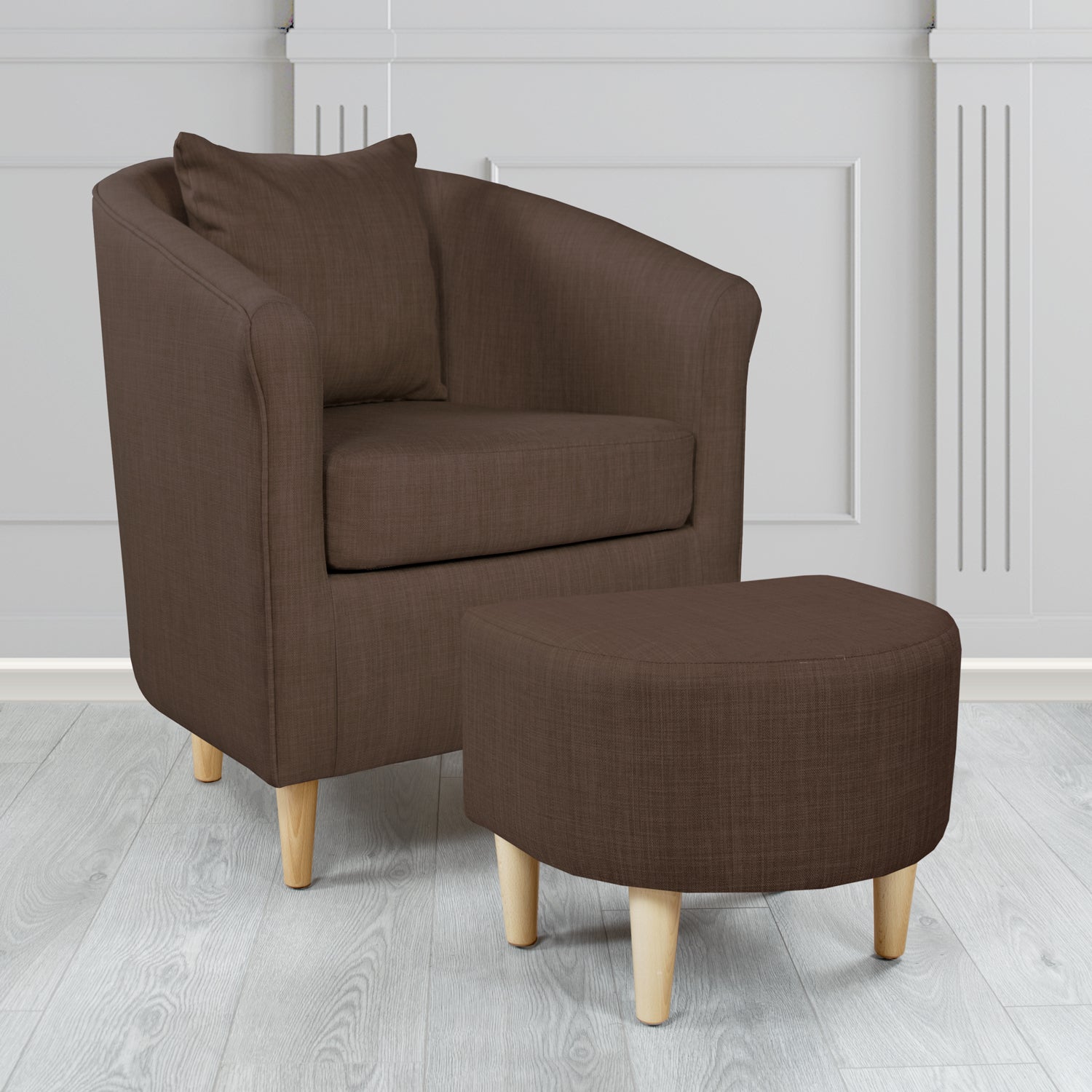St Tropez Charles Sandalwood Plain Linen Fabric Tub Chair & Footstool Set with Scatter Cushion - The Tub Chair Shop
